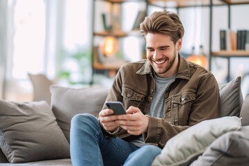 Caucasian man playing with smartphone while laughing