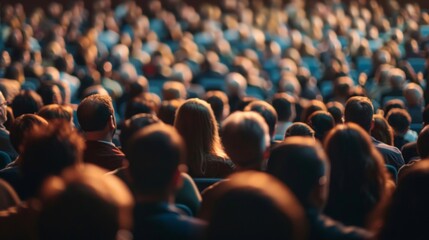A crowd of people in a dark room attentively listening to a speaker - obrazy, fototapety, plakaty