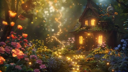 An enchanting cottage glows warmly, nestled within a radiant, fairy-tale flower garden under a magical night sky.. - obrazy, fototapety, plakaty