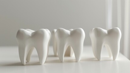 ultra-realistic photo of 5 accessories in shape of tooth on white table, minimalistic, creative,  