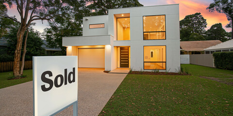  Modern home at dusk with a 'Sold' sign, symbolizing successful real estate deals. - obrazy, fototapety, plakaty