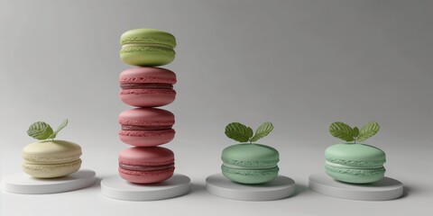 Macarons displayed in creative compositions, with mint leaves accenting the pastel colors on a gray backdrop.