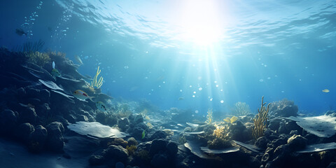 Fototapeta na wymiar Blue sunlight illuminating underwater sea aquatic ecosystem underwater photography oceanic background