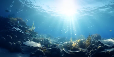 Fotobehang Blue sunlight illuminating underwater sea aquatic ecosystem underwater photography oceanic background © Hassan