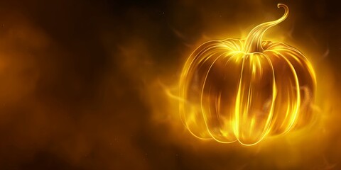 A glowing pumpkin illustration with ethereal light streaks on a dark, smoky background.