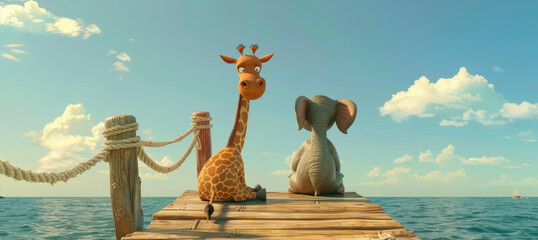 A giraffe and an elephant sitting on the end of a wooden bridge - obrazy, fototapety, plakaty
