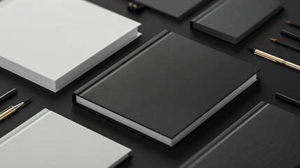 An elegant black book lies among others with a visible blank label for branding on a textured dark background