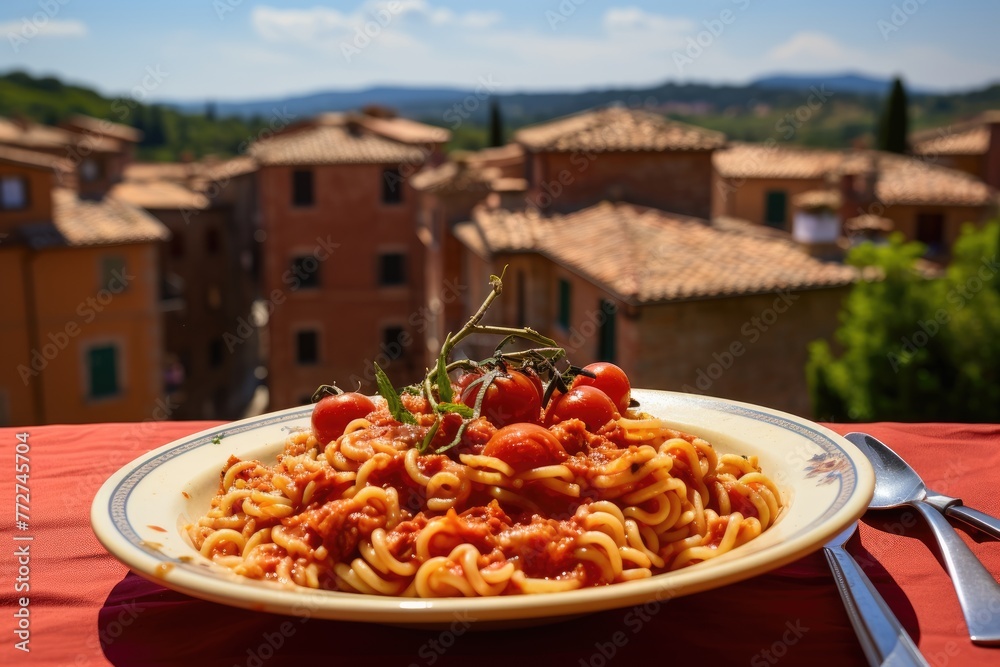 Wall mural Italian pasta with tomato sauce on a colorful balcony overlooking a Tuscan village. - Wall murals