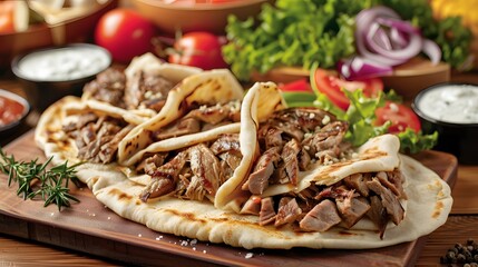 Mouthwatering shawarma slices, whether lamb or chicken. Middle Eastern culinary delight ai image - obrazy, fototapety, plakaty