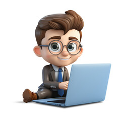 3D cute young businessman character with laptop