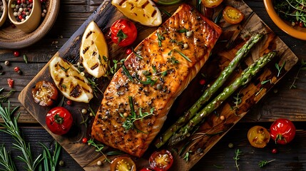 Barbecued salmon fried potatoes and vegetables on wooden backgroundBaked salmon garnished with...