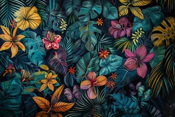 Möbelaufkleber A dense, jungle-inspired tapestry of doodled tropical leaves and flowers, overlapping and interweaving © elbanco
