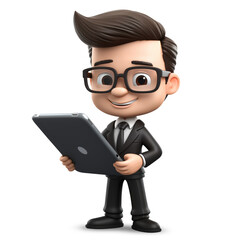 3D cute young businessman character with tablet
