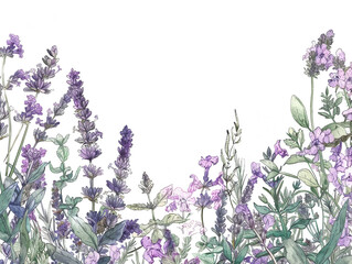 A flowing cascade of doodled lavender and herbs, creating a vertical banner of flora