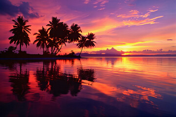 Fototapeta na wymiar sunset ocean palm trees tropical beach illustration paradise summer sea tourism