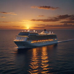 An aerial view of a massive cruise ship sailing in the ocean at sunset. 01.