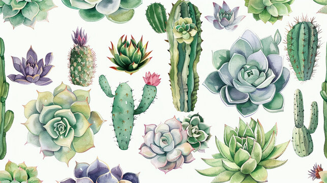 A collection of doodled succulents and cacti, each painted in watercolor with rich greens and soft purples, dotted across the canvas