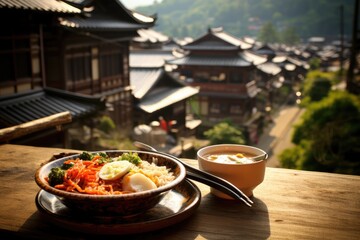 Kimchi and bibimbap surrounded by traditional Korean architecture in a village. - obrazy, fototapety, plakaty