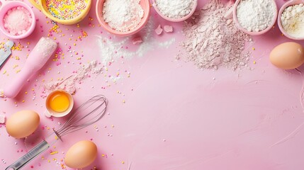 Banner of baking background with space for your text. Bakery ingredients, eggs, spoon and flour powder on pink background top view