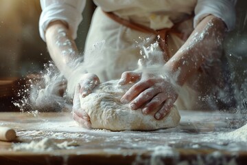 Woman kneading dough with flour splash. Cooking bakery products. Hands working with dough preparation recipe bread.  - obrazy, fototapety, plakaty