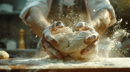 Man kneading dough with flour splash. Cooking bakery products. Hands working with dough preparation recipe bread. 