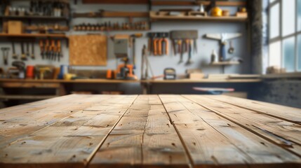 Carpentry, craftsmanship and handwork concept. Worn old wooden table and workshop interior. Carpenter table photo of background and mockup. Day light.