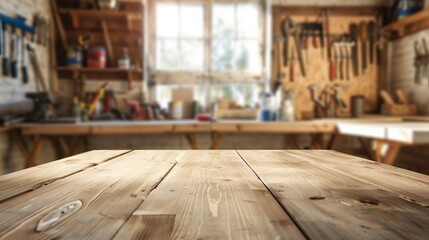 Carpentry, craftsmanship and handwork concept. Worn old wooden table and workshop interior. Carpenter table photo of background and mockup. Day light.