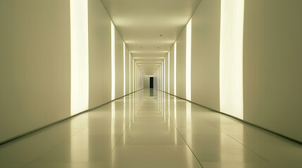 A long hallway with yellow lights and white walls