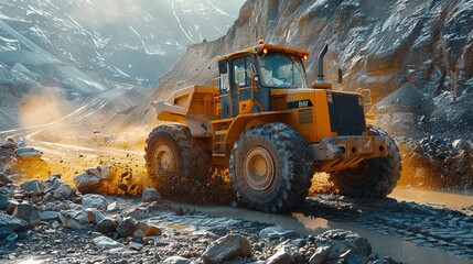 yellow grader digging the earth on a construction site at a diamond mine - obrazy, fototapety, plakaty