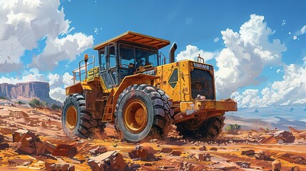 yellow grader digging the earth on a construction site at a diamond mine