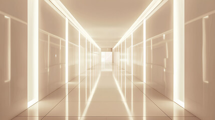 A long, empty hallway with white walls and white flooring. The walls are lined with white lights, creating a bright and sterile atmosphere