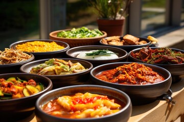 South Korean banchan dishes arranged on a Hanok village patio.