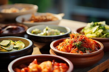 South Korean banchan dishes arranged on a Hanok village patio. - obrazy, fototapety, plakaty