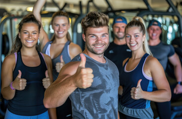 A group of friends giving thumbs up in the gym