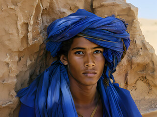 AI-Generated Image: Tuareg Man with Traditional Blue Turban in the Desert