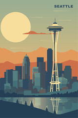 USA Seattle city retro poster with abstract shapes of skyline, buildings. Vintage US Washington state modern cityscape travel vector illustration - obrazy, fototapety, plakaty