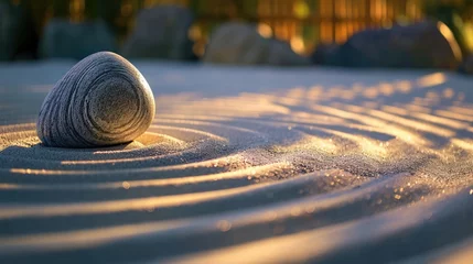 Tuinposter A serene Zen garden at dawn, perfectly raked sand, neatly arranged stones, gentle morning light creating soft shadows, symbolizing tranquility and mindfulness. Resplendent. © Summit Art Creations