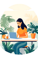 girl with laptop sitting on the chair. Freelance or studying concept. Cute illustration in flat style.