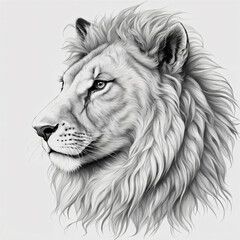 Portrait of a white lion in black and white. Hand-drawn illustration.