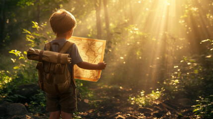 Young boy kid participating to a treasure hunt holding the treasure map