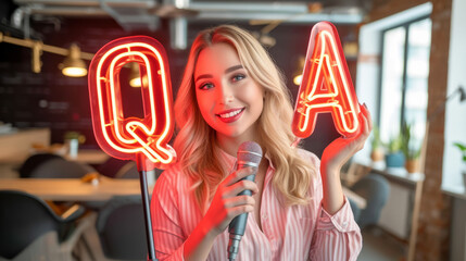 Young caucasian business woman holding a Q&A sign to start a question and answer session at office
