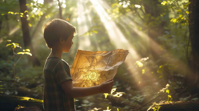 Young boy kid participating to a treasure hunt holding the treasure map
