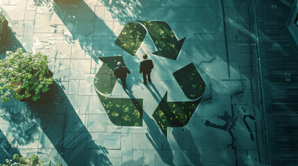 Green recycle symbol icon sign with professional environment background to represent recycling or sorting of waste at office and for working people