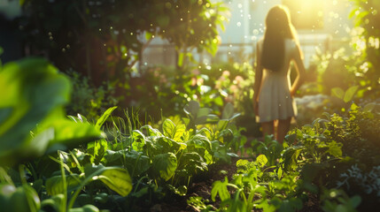 Young woman in her vegetable garden , enjoying the view of nature and growth of her own natural organic products in her backyard - obrazy, fototapety, plakaty