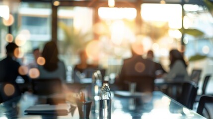 Blur office meeting blurred background with business people working group in boardroom discussion, executive seminar or professional training in enterprise