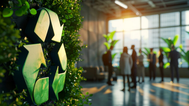Green recycle symbol icon sign with professional environment background to represent recycling or sorting of waste at office and for working people