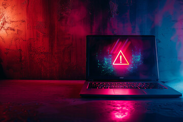 A laptop with warning sign on its screen - obrazy, fototapety, plakaty