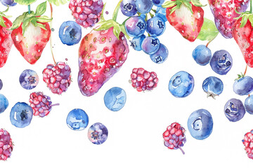 A vertical arrangement of watercolor berries, including strawberries, blueberries, and raspberries, doodled with a touch of whimsy, trailing down the page