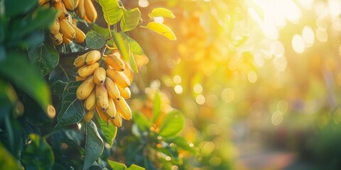 Bunches of bright yellow bananas hang gracefully from a tree branch, creating a beautiful sight...