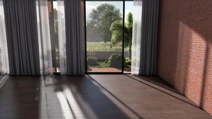 Modern empty living room with large window and curtains